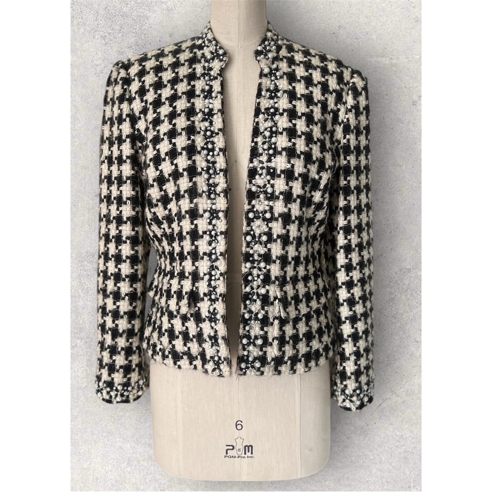 ECI Houndstooth Wool Blazer Pearl Embellished - Picture 1 of 13